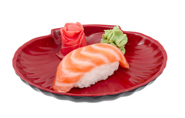 studio shoot of japanese sushi vaki with salmon on white backgro