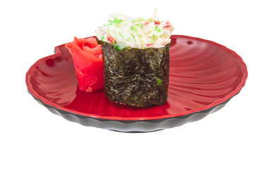 sushi kani with sauced slices of crab shrimp isolated on white b