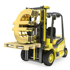 Fork lift truck lifts gold euro sign