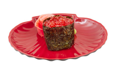 macro shot of Salmon egg on sushi nikiri roll