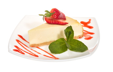 a piece of strawberry cheesecake on whit