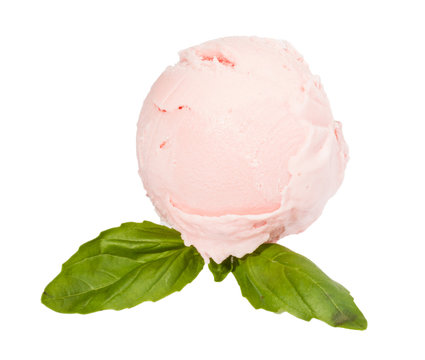 Scoop of strawberry ice cream from top on white background with