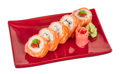 Japanese sushi traditional japanese food.Roll made of salmon, re