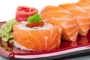 Japanese sushi traditional japanese food.Roll made of salmon, re
