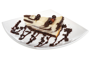 cheesecake with chocolate sauce.