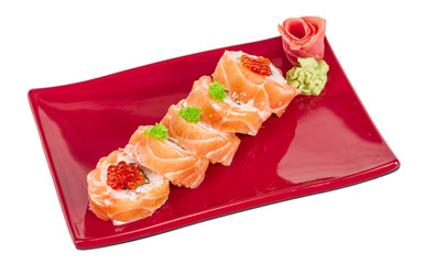 Japanese sushi traditional japanese food.Roll made of salmon, re
