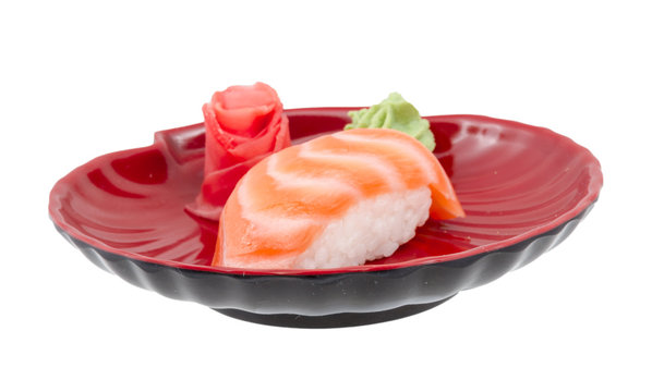 studio shoot of japanese sushi vaki with salmon on white backgro