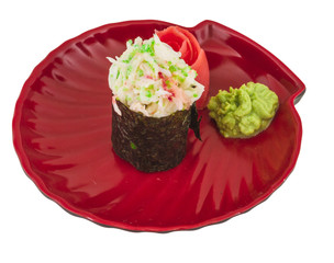 sushi kani with sauced slices of crab shrimp isolated on white b