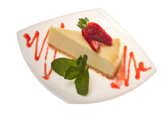a piece of strawberry cheesecake on whit
