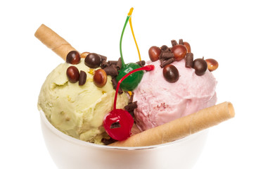 yogurt and chocolate ice cream in a bowl close up