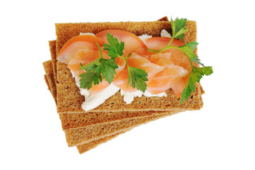 Snack. Bread with feta cheese and salmon.