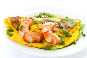 omelet with cooked shrimp and greens
