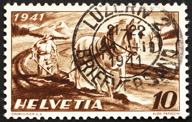 Postage stamp Switzerland 1941 Farmer Plowing