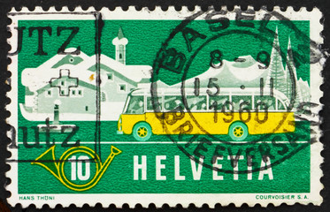 Postage stamp Switzerland 1953 Alpine Post Bus, Winter Backgroun
