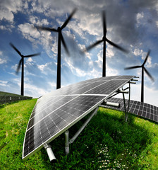 solar energy panels and wind turbine