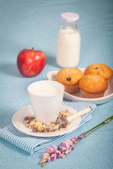 Healthy nutrition with fresh milk and muesli.