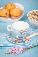 Healthy nutrition with fresh milk and muesli.