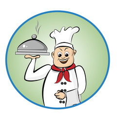 Illustration of happy cook carrying a covered dish