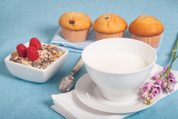 Healthy nutrition with fresh milk and muesli.