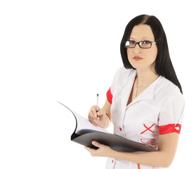 Female doctor in glasses with clipboard