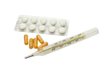 thermometer pill, medication on white background