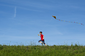 Bube lässt einen Drachen steigen in der Wiese.