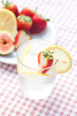 cocktail with ice,lemon, fig and strawberries on a plate