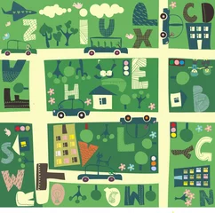Fotobehang Stratenplan vind alfabet op een naadloze cartoonkaart