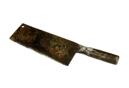 Old rusty meat cleaver on white