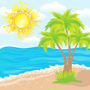 Vector summer background, tropical beach with palm trees