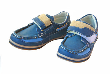 Pair child little fashionable blue boot on a white background