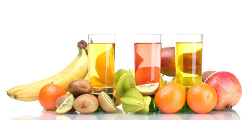 Assortment of exotic fruits and juice isolated on white