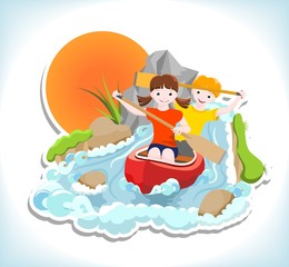 two children on red canoe