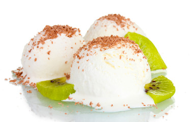 delicious vanilla ice cream with chocolate and kiwi isolated