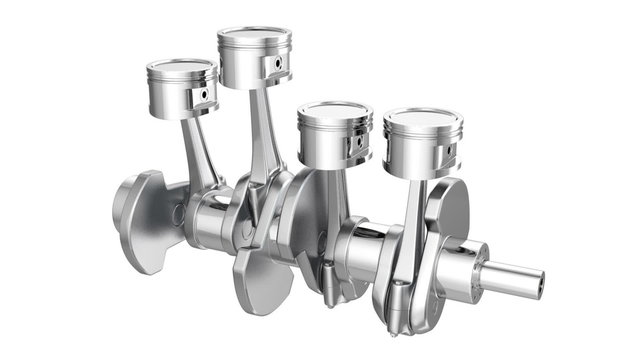 Engine pistons on a crankshaft, isolated, with clipping path