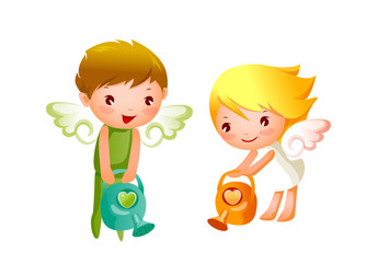 Boy and Girl angels watering