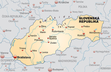 Map of Slovakia as an overview with neighboring countries