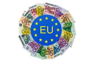 Geldscheine als Kreisdiagramm und EU-Symbol