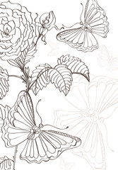 doodle background with roses and butterflies, hand-drawing