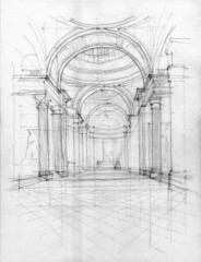 Fototapeta premium Crayon drawing of Pantheon interior view, Paris, France
