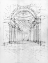Crayon drawing of Pantheon interior view, Paris, France © psynovec