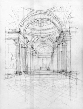 Fototapeta Crayon drawing of Pantheon interior view, Paris, France