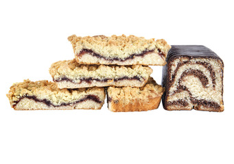 Sweet cherry pie and sliced chocolate cake