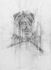 Crayon drawing of Saint Chapelle interior space, Paris, France