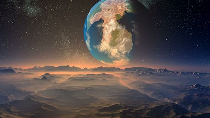 Huge blue planet against a fantastic landscape