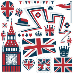 Vector set of United Kingdom clipart with big ben, flags and banners isolated on white