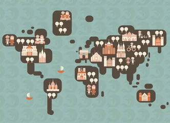 Fotobehang Stratenplan funky cartoonkaart van de wereld