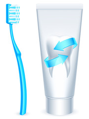 Tube of toothpaste and blue toothbrush.