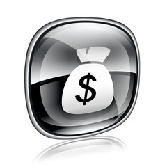 dollar icon black glass, isolated on white background.