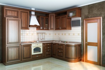 beautiful kitchen interior of wood in the sun